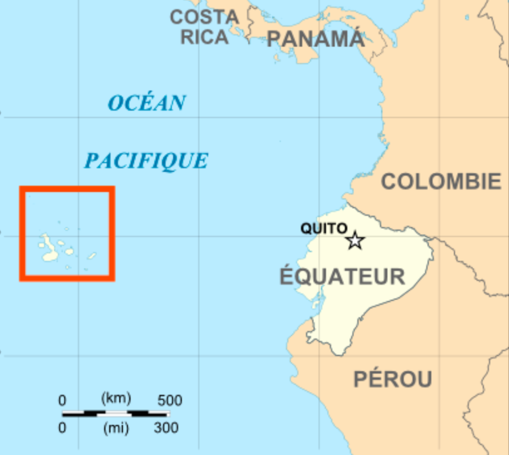 Ceci est une carte permettant de situer les îles Galapagos dans le monde et plus particulièrement par rapport à l'Equateur dont elles dépendent.